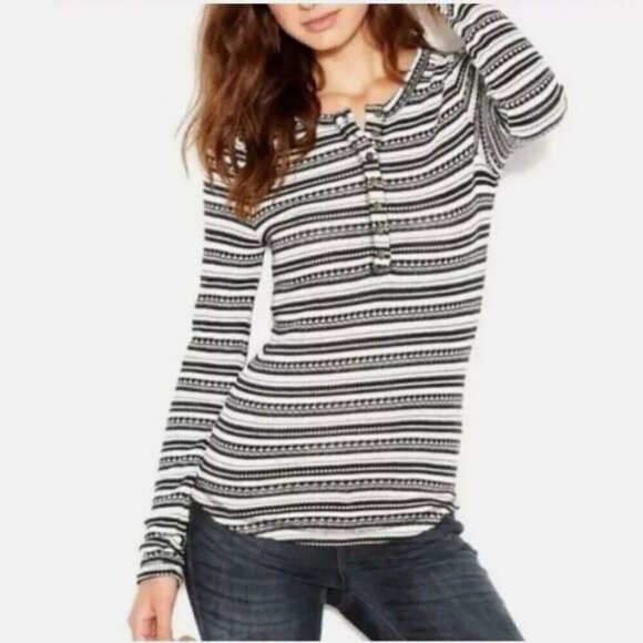Lucky Brand Top Womens Small Black White Striped Chloe Henley Thermal Knit Boho - Picture 1 of 5